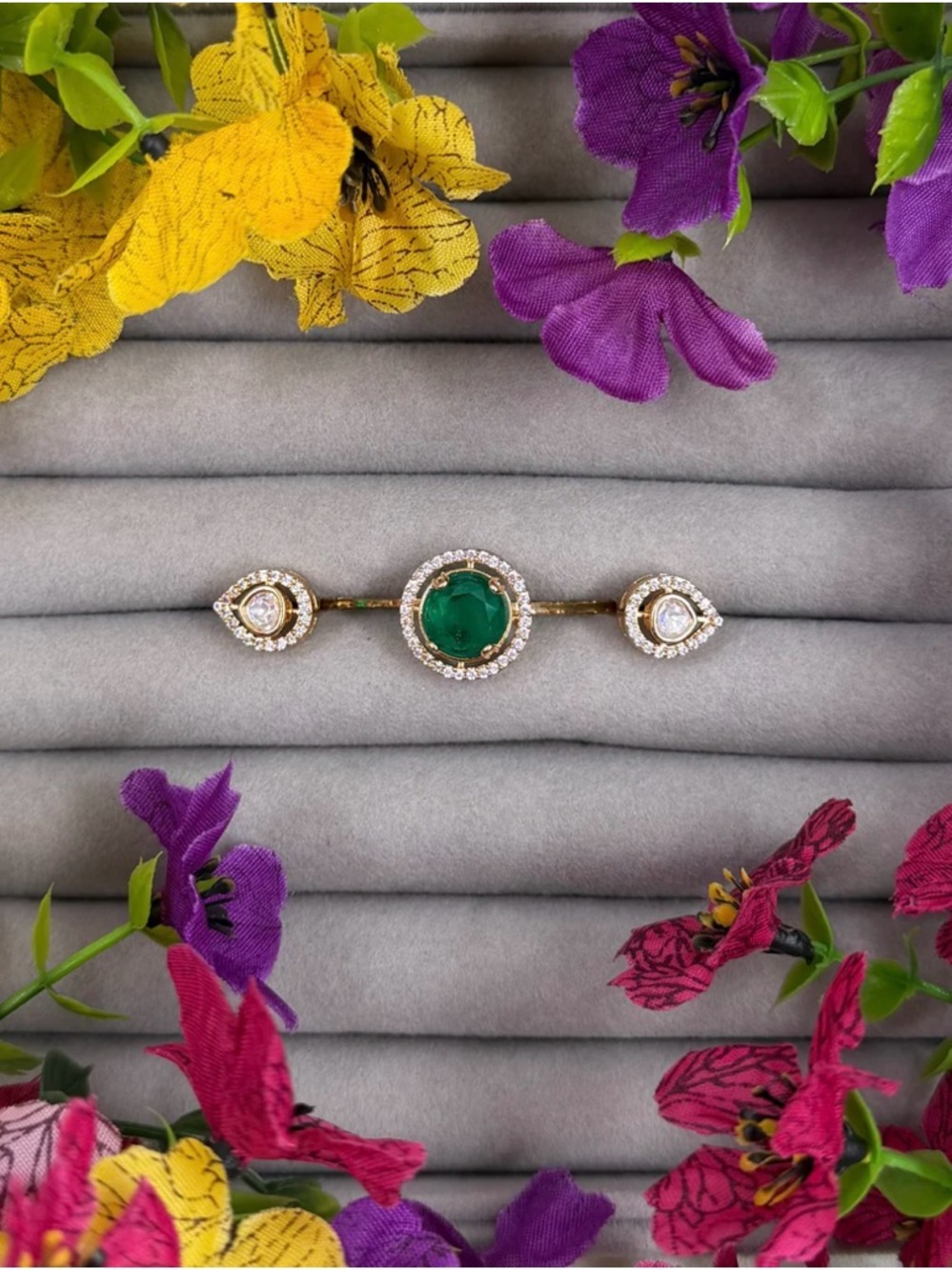 Gold-Plated Women’s Bar Brooch with Green Center Stone and Clear Crystals